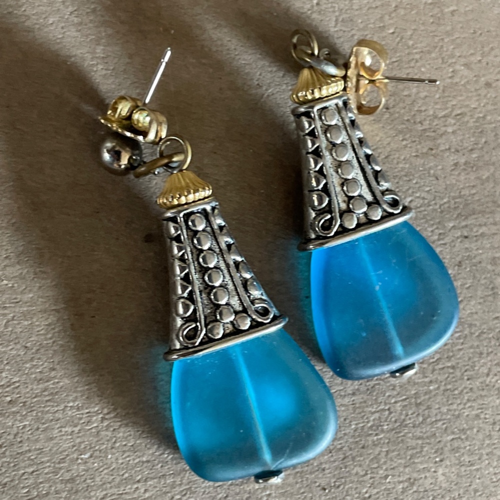 Designer Masha Archer Blue Frosted Resin Bell Earrings with Ornate Silver Caps - Picture 11 of 14